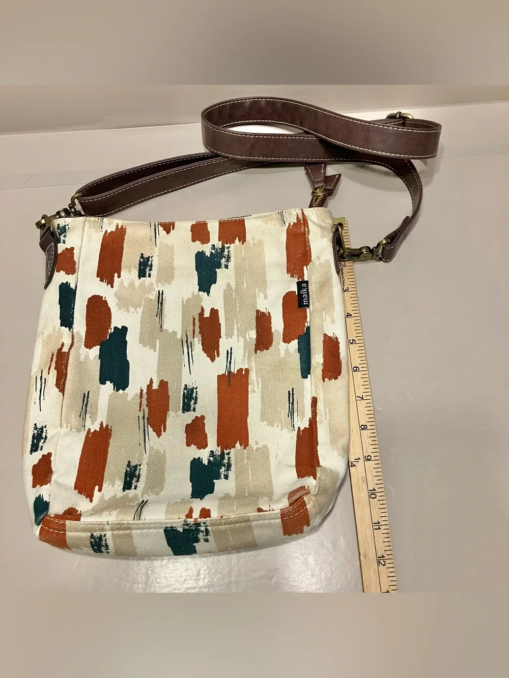 Maika Large Crossbody Purse Boho Bag Abstract Design‎ Vegan Brown Leather Strap